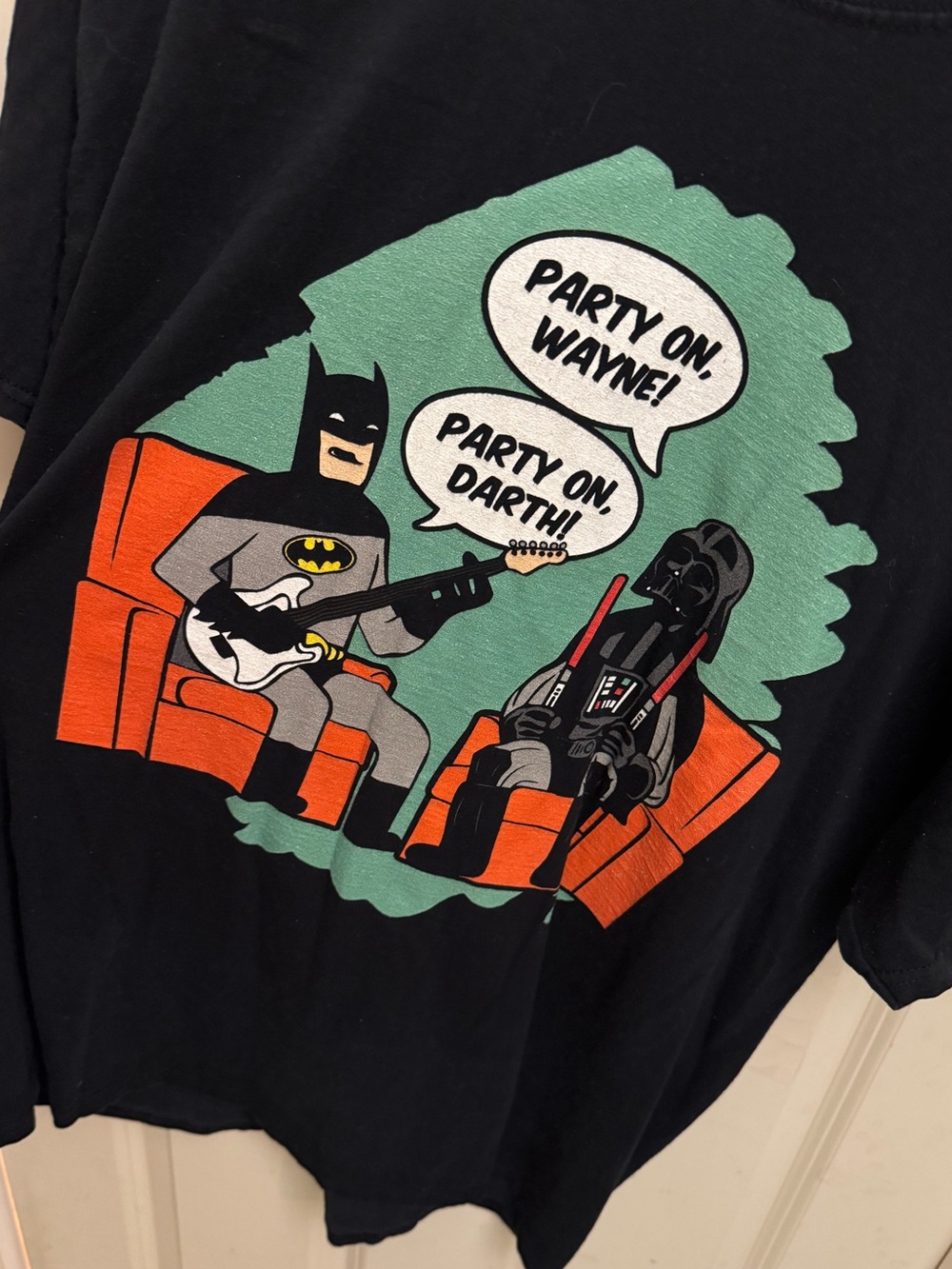 Black Men’s Graphic Tee with Batman & Darth Vader Party Design 100% Cotton